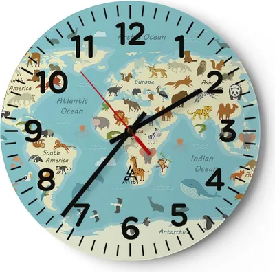 Produktbild von Wanduhr - Rund - Glasuhr - Tiere die Welt Karte - 30x30cm - Schleichendes Uhrwerk - Lautlos - zum Aufhängen bereit - Dekoration Modern - Wanddekoration aus Glas - C4AR30x30-4860