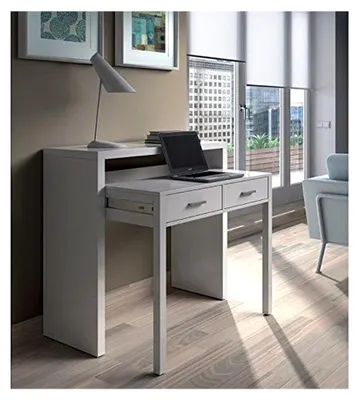 Produktbild von Ausziehbarer Konsolenschreibtisch mit zwei Schubladen in Mattweiß, Maße 98 x 87 x 36 cm (ausziehbar bis 66 cm)