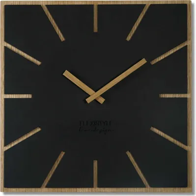 A square wall clock with a black face and wooden hour markers and hands.