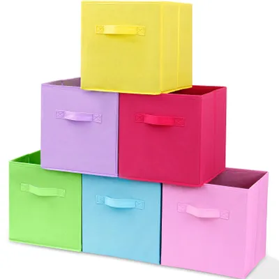 Image de 6 bacs de rangement, bacs pliables anti-poussière avec poignées, bacs de rangement pour vêtements, jouets et livres, 27 x 27 x 28 cm, lot de 6