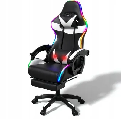 Zdjęcie produktu dla Fotel gamingowy COYOTE LED, krzesło biurowe dla gracza, ergonomiczne kubełkowe siedzisko, wysuwany podnóżek, masaż USB, podświetlenie LED, pilot w zestawie, regulowane oparcie, czarno-biały