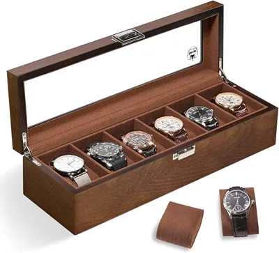 Produktbild von Holzuhrenbox mit Glasdeckel für 6 Uhren, braun