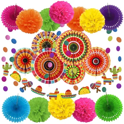 Produktbild von Mexikanische Party Dekorationen 21-teiliges Set mehrfarbig Papierfächer Pom Poms Girlanden