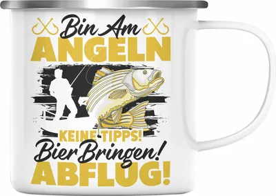 Produktbild von Trendation - Angler Emaille Tasse Geschenkidee für Fischer mit Spruch Witzig Für Männer Geschenk Becher (Silber)