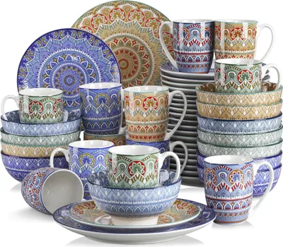 Zdjęcie produktu dla Zestaw naczyń ceramicznych, wzór Bohemian Mandala, dostępny w kolorach mieszanych i niebieskim, 48 elementów w kolorach mieszanych