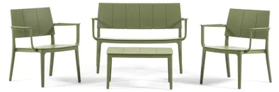 Immagine prodotto di Set da giardino composto da divano a due posti, 2 poltrone e tavolino in polipropilene impilabile rinforzato con fibra di vetro, robusto, per terrazza, balcone, veranda, esterni - Merano - Verde