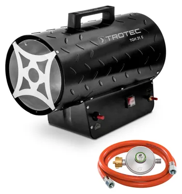 Produktbild von TROTEC Gasheizgebläse TGH 31 E inkl. Verbindungschlauch und Druckminderer (Heizleistung bis 30 kW, 1000 m³/h Luftdurchsatz, für handelsübliche Gasflaschen, pulverbeschichteter Riffelblechausführung, Piezozündung)