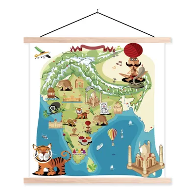 Obrázek produktu pro MuchoWow® Textilní plakát - Kreslená ilustrace mapy Indie - 90x90cm - S hnědými lamelami