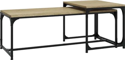 A set of two nesting coffee tables with wooden tops and black metal frames, shown against a white background.