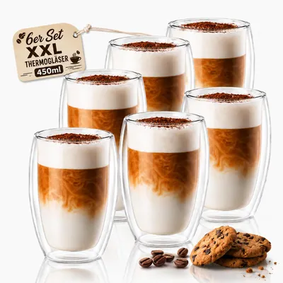 Produktbild von 6x Latte Macchiato Gläser doppelwandig 450ml Cappuccino Tassen - aus Borosilikatglas - Spülmaschinenfeste Teegläser Kaffeetassen Set - Thermogläser, KI-generiertes Bild