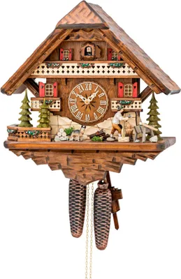 Produktbild von Cuco Clock Kuckucksuhr Schwarzwalduhr "Holzhacker mit Schäferhund" 42 x 40 x 21cm Wanduhr, 8 - Tage Werk, manuelle Nachtabschaltung