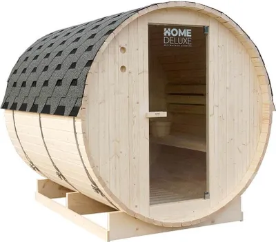 Produktbild von HOME DELUXE - Outdoor Fasssauna LAHTI XL - Maße: BxTxH: ca. 195 cm x 192 cm x 220 cm, Holz: Fichtenholz - inkl. Saunaofen und Saunazubehör I Gartensauna, Außensauna, Sauna Fass für 6 Personen