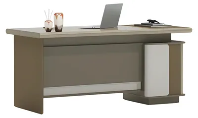 Immagine prodotto di Scrivania beige e grigia con cassetti e ripiani per il design e l'organizzazione dell'ufficio