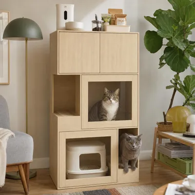 Produktbild von 3-in-1 Katzenschrank mit Schublade & Tür & Eingang, 3-stöckiger Katzenklo-Schrank, Katzenhaus, Katzenklo, Katzenkommode, Haustierbox, MDF, Holzfarbe