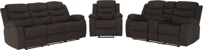 A set of three brown upholstered furniture pieces: a sofa, a loveseat, and an armchair, arranged against a white background.