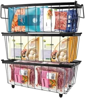 Productafbeelding van PromoHome® 3-delige stapelbare vrieskastorganizer set – Metalen draadmandjes met handgrepen, 37 x 19 x 14 cm, zwart