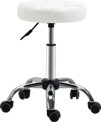 Obrázek produktu pro Stolička na kolečkách – výškově nastavitelná 48–63 cm – neotočná – sedák Ø35,5 cm – čalouněná,Polyuretanumělá kůže a ocel – bílá