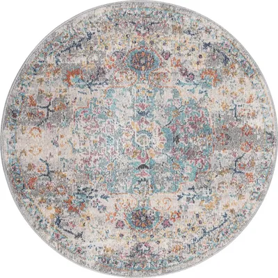 A round rug with a vintage-style pattern.