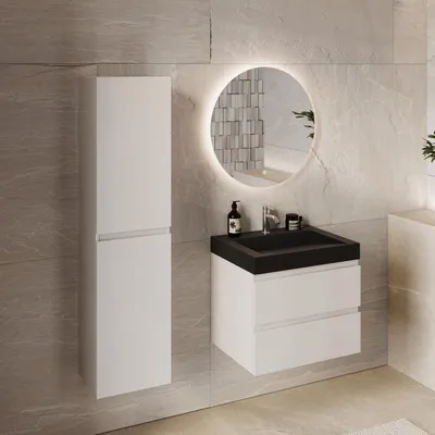 Produktbild von LOMAZOO Badmöbelset AZURO 60 cm - Mit Hochschrank - Glänzend Weiß - Waschbecken Schwarz