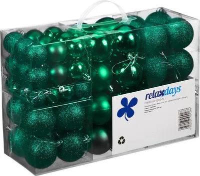 Zdjęcie produktu dla Relaxdays – zestaw 100 bombek choinkowych, dekoracje świąteczne, matowe, błyszczące, brokatowe, bombki choinkowe 3, 4 i 6 cm, ciemnozielone