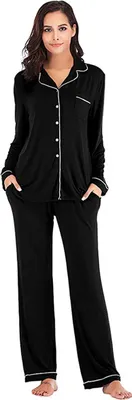 Produktbild von ASKSA Damen Pyjama Lang Weich Schlafanzug mit Knopfleiste Langarm Zweiteiliger Sleepwear Hausanzug, Schwarz, L