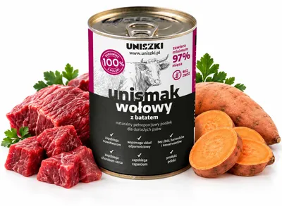 Imagen del producto de UNISZKI UNIsmak: Carne de res con batata (boniato) - Alimento húmedo para perros - 400g
