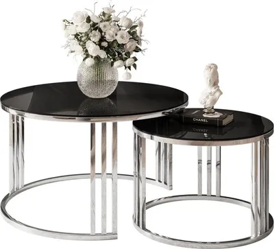 Produktbild von LORI GLASS 2in1 runder Couchtisch silber Chrom / Schwarzes Glass