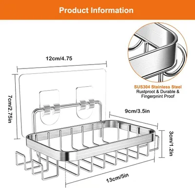 Produktbild von Seifenhalter aus Edelstahl 304, ohne Bohren, mit 4 Haken, Wandmontage, für Badezimmer
