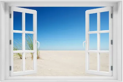 Produktbild von Wallario Wandbild mit Fenster-Illusion: Sandstrand unter blauem Himmel, Größe: 61 x 91,5 cm, Poster mit weißem Aluminiumrahmen