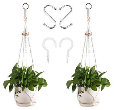 Image de 2 pots suspendus en macramé de 80 cm pour l'intérieur, avec 4 crochets ; pot suspendu décoratif de style bohème ; pot suspendu en corde de coton pour l'intérieur et l'extérieur, pour les plafonds, les jardins, les balcons et la décoration murale (blanc)