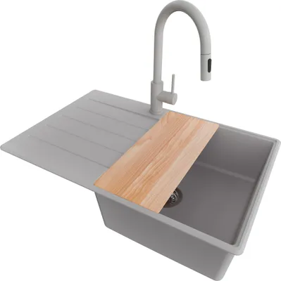 Produktbild von PRIMAGRAN Granitspüle Grau 78x50cm, Spülbecken 1 Becken + Küchenarmatur 40x20cm + Ablauf-Set + Schneidebrett, Küchenspüle ab 50er Unterschrank - Kopenhagen