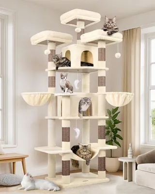 Image de Arbre à chat XXL haut 204 cm - Avec 3 perchoirs - 2 maisons pour chats - 2 paniers - Hamac