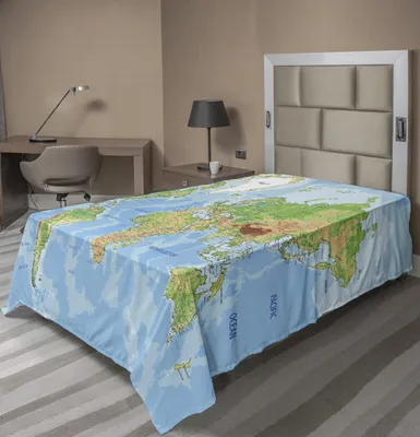 Produktbild von ABAKUHAUS Weltkarte Bettlaken, Topographische Karte Welt Kontinente Gelände Länder Ozeane Meer Berge Bildung, weiches bequemes oberes Bettlaken für ein Nachbildungatives Bett 1 Stück 190 cm x 100 cm, Mehrfarbig