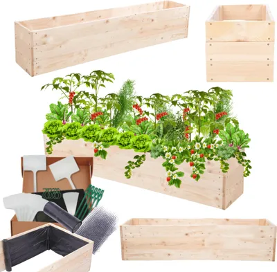 Produktbild von MODO24 Hochbeet Holz, Pflanzkasten, Massivholz, Kiefer, Kräuterbeet, Blumenkasten, Garten, Terrasse, 27x120x30 cm, Natur, ZP06