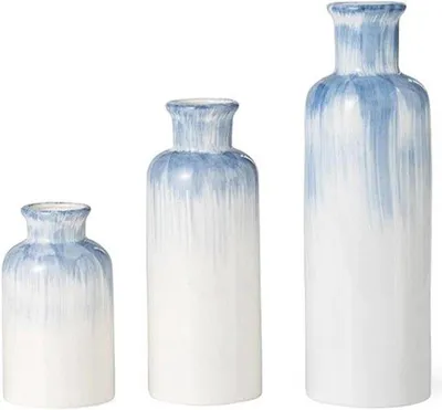 Productafbeelding van Famanu Keramische vaas met vintage design - Set van 3 blauwe bloemenvazen