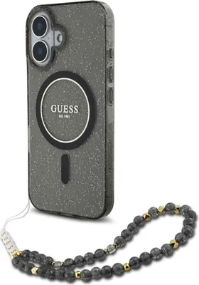 Obrázek produktu pro Guess GUHMP16SHGCRELSK Pevné pouzdro pro Apple iPhone 16 IML Glitter With Pearl Strap MagSafe černé