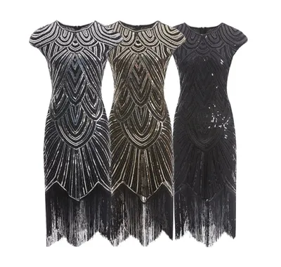 Produktbild von 20er Jahre Charleston Damen Kleid Pailletten Fransen Flapper Kostüm, Farbe:Schwarz/Schwarz, Größe:XXL