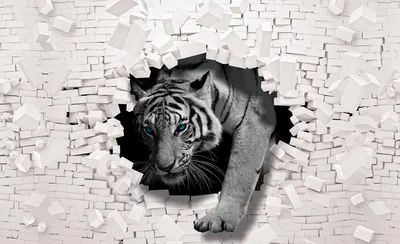 Produktbild von Vlies Fototapete 3D Tiger Wand Ziegel (416x254cm - 4 Bahnen) Mauer Ziegelwand Tiere Wohnzimmer Schlafzimmer Wandtapete Modern Tapete Latexdruck UV-Beständig Geruchsfrei Hohe Auflösung Montagefertig
