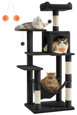 Produktbild von Kratzbaum - Katzen Kletterbaum - 5 Ebenen - Hängematte - 1 Höhle - Sisalstämme - 55x45x143 cm - Stabiler Stand - Schwarz