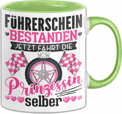 Produktbild von Führerschein Bestanden Geschenk Tasse Bestandener Führerschein Jetzt Fährt Die Prinzessin Selber Motorrad Bike Fahrschule Kaffee-Becher (Grün)