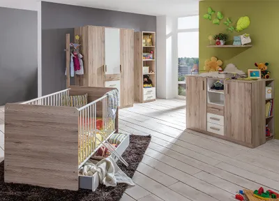 Produktbild von Babyzimmer Set 10-teilig in Eiche mit weiß CANTON-43 mit Wickelkommode und Gitterbett