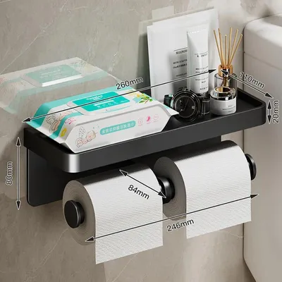 Produktbild von Toilettenpapierhalter - Wandmontage Rollenhalter - Großes Ablagefach - Handyhalter - Bad Organizer - Aluminiumlegierung - Schwarz L
