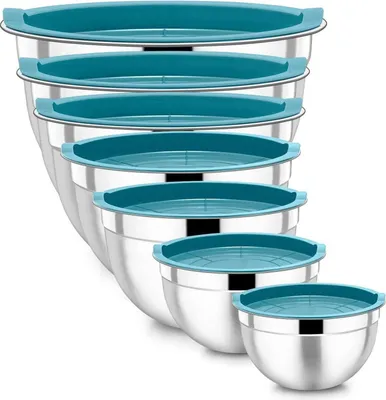 Produktbild von Homikit Edelstahl Rührschüssel Set 7 Stück mit Deckel Blau 6,5/4,5/2,7/2,5/1,5/1,2/0.7L