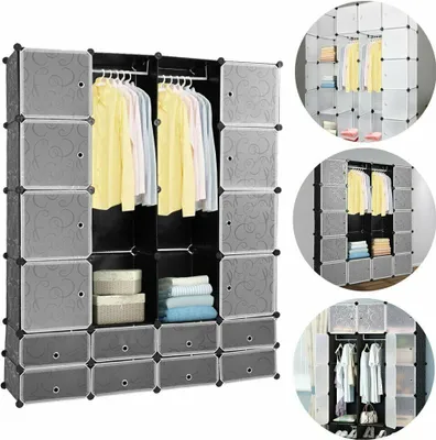 Produktbild von Hengda Kleiderschrank DIY 180x142x37cm Garderoben Kunststoff Regalsystem mit Tür Steckregal Schwarz 16+8 Boxen (mit Aufdruck)