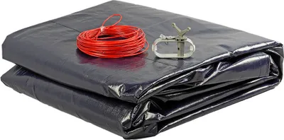 A folded blue/black pool cover with a coil of red rope and a metal clamp on top, set against a white background.