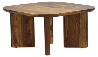 Couchtisch Sheesham Massivholz mit ovaler Tischplatte und massiven Holzbeinen in Gesamtansicht von oben.