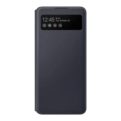 A dark gray flip case for a smartphone, shown closed and upright against a white background. The case has a transparent window on the front cover displaying the phone's screen with the time, date, and app icons.