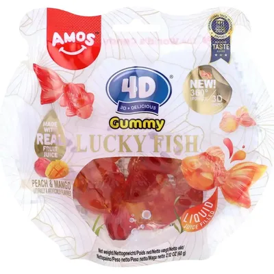 Zdjęcie produktu dla Amos 4D Gummy Lucky Fish – brzoskwinia i mango 60 g