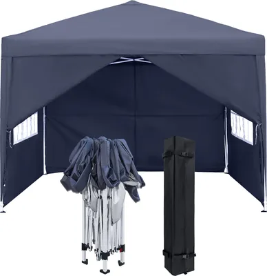 Image de TRMLBE Pavillon pliable 3x3m Pavillon de jardin pliable avec 4 parties latérales & fenêtres & sac de transport Tente d'osier Tente de jardin protection UV, gris foncé
