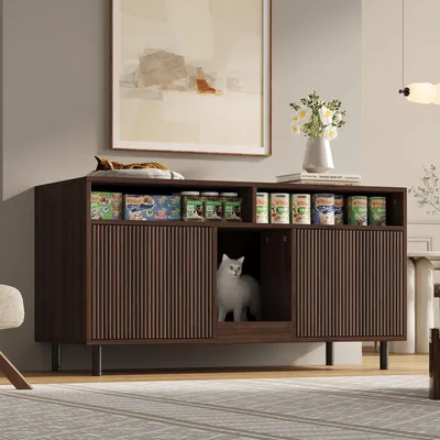 A modern wooden sideboard with a cat inside, used as a pet furniture piece.